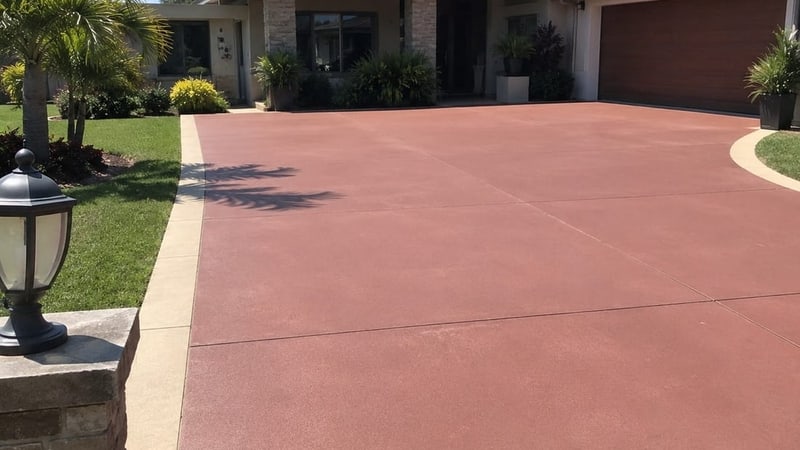 Terracotta-toned coloured concrete driveway at a Canberra home, colour run through the mix