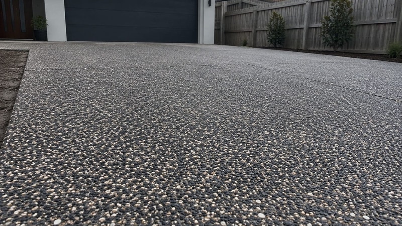Charcoal and tan exposed aggregate driveway at a Canberra home