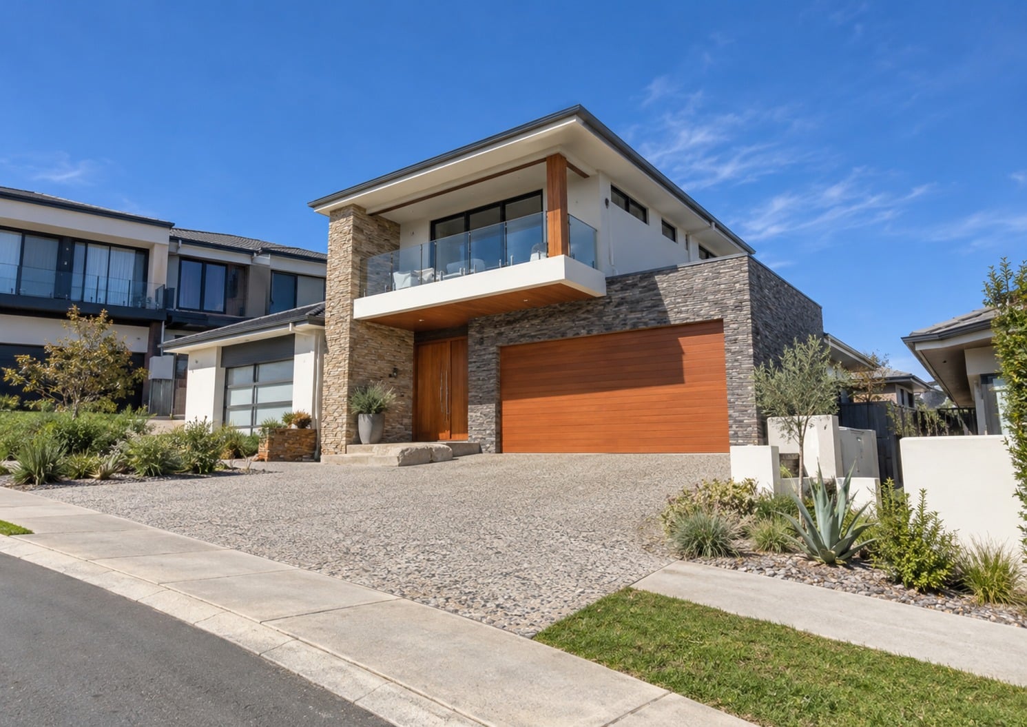 Exposed aggregate concrete driveway sweeping up to the timber garage door of a stone-clad two-storey Canberra home