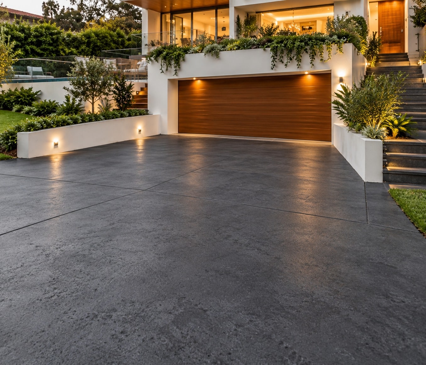 Charcoal concrete driveway with saw-cut joints at a modern Canberra home