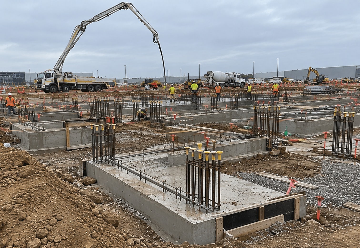 Reinforced concrete footings and pad foundations with starter bars, and a concrete pump boom pouring on a Canberra build site