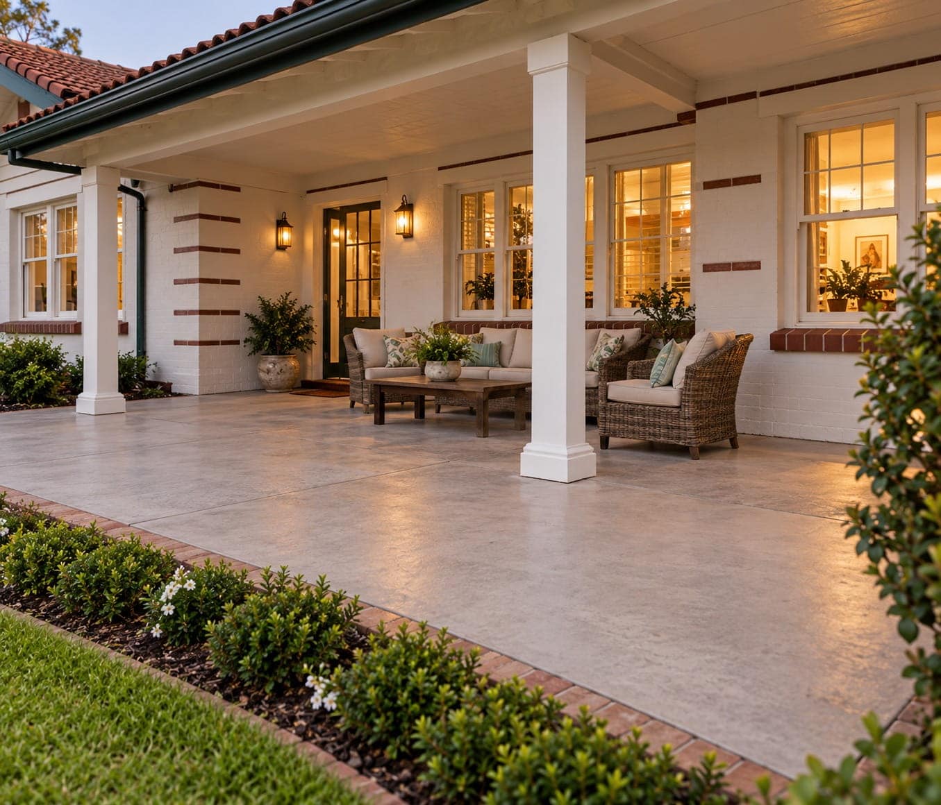 Covered concrete patio with outdoor lounge furniture along the front verandah of a Canberra brick bungalow at dusk