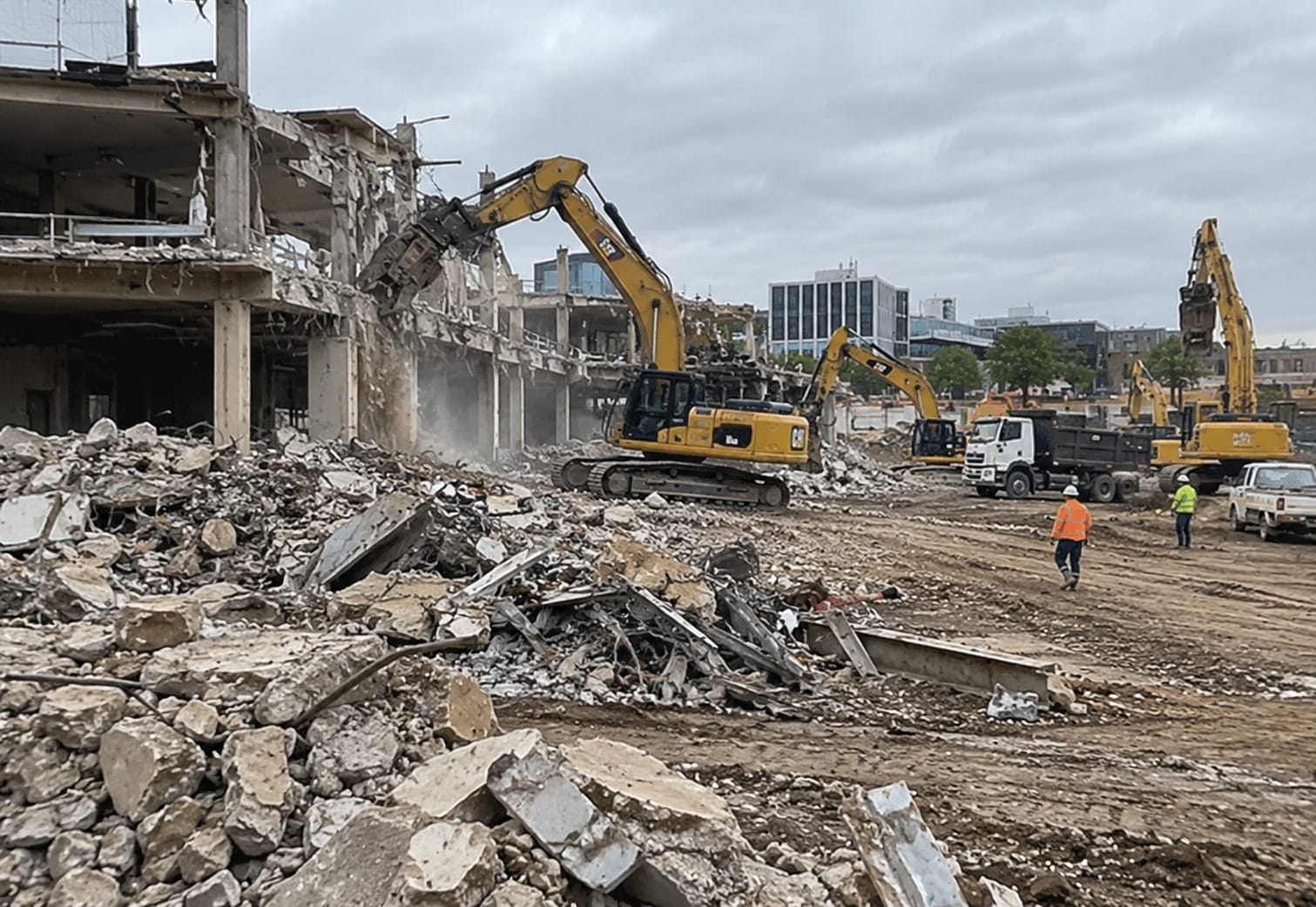 Excavator with a demolition grab pulling down a multi-storey concrete building, with rubble piles and trucks on a Canberra site
