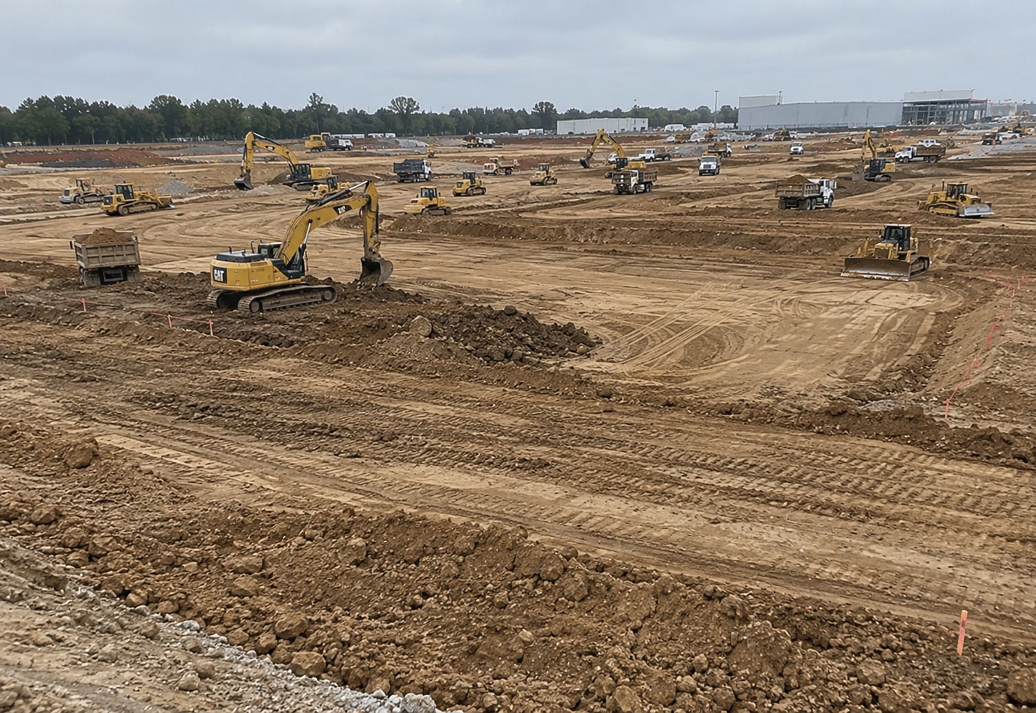 Hired excavators and dozers with operators working across a bulk excavation on a Canberra development site