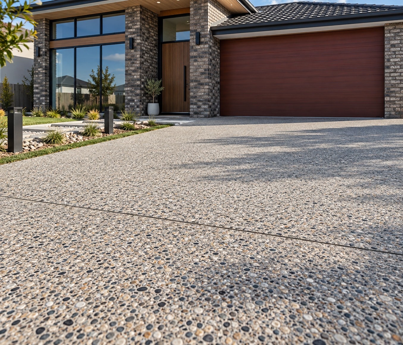 Exposed aggregate driveway with mixed pebble stone in front of a brick home with a timber garage door in Canberra