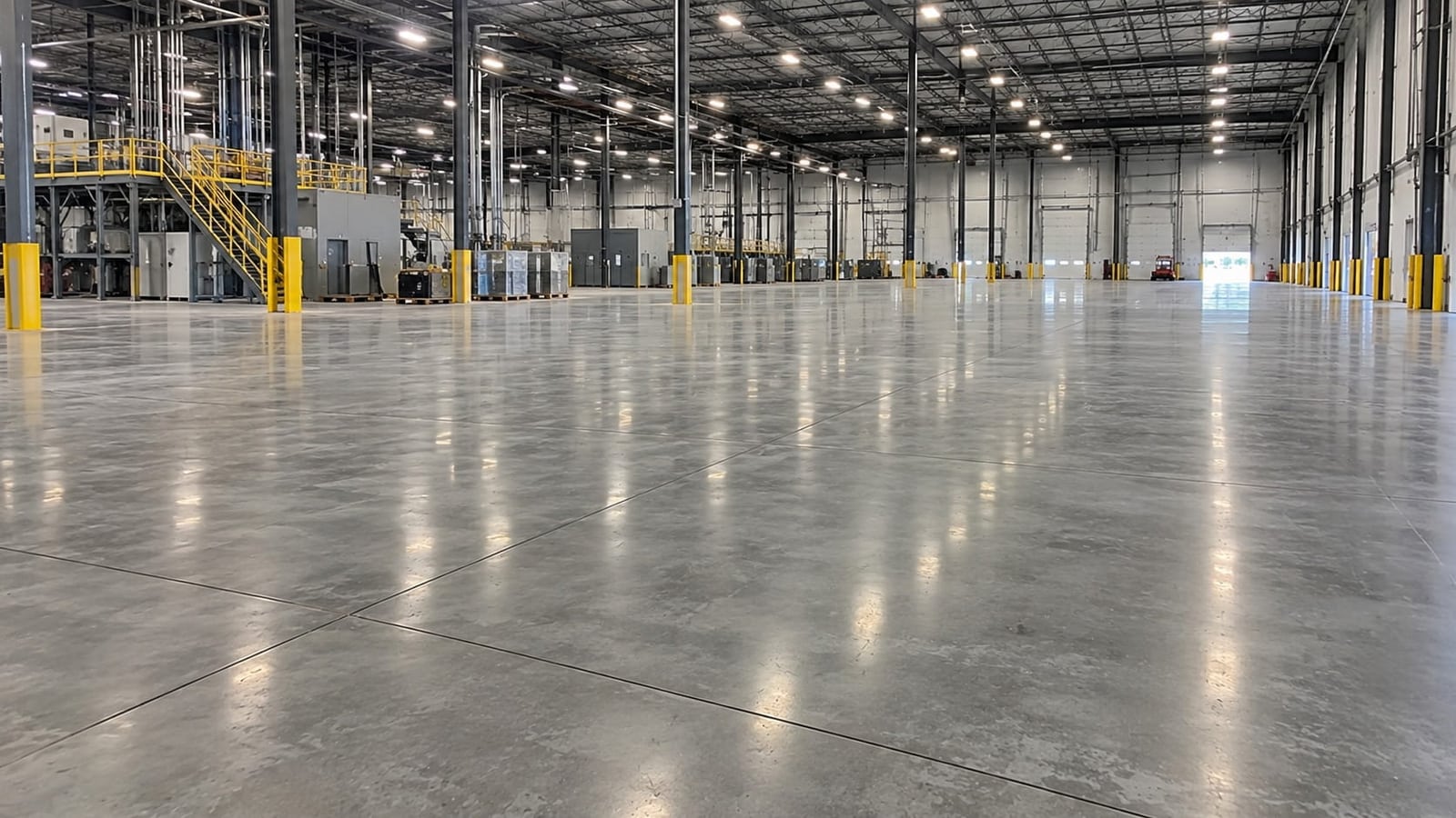 Polished industrial concrete floor with jointed panels and yellow bollards inside a large Canberra factory