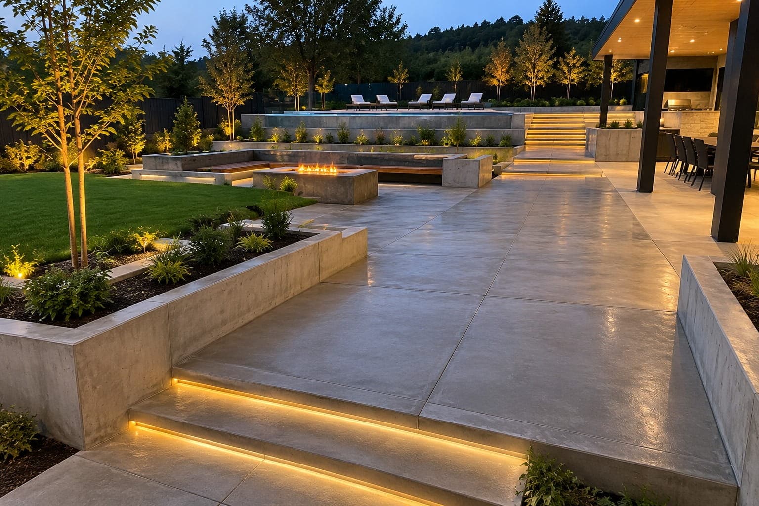 Concrete garden steps, planter walls and bench seating in Hackett, ACT