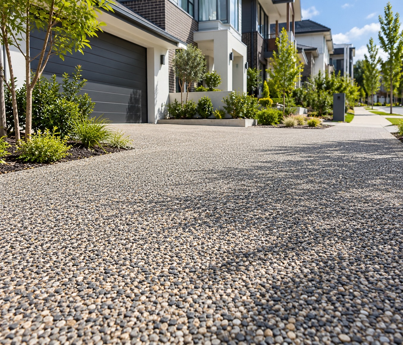 Open-textured permeable concrete driveway at a new Canberra estate home