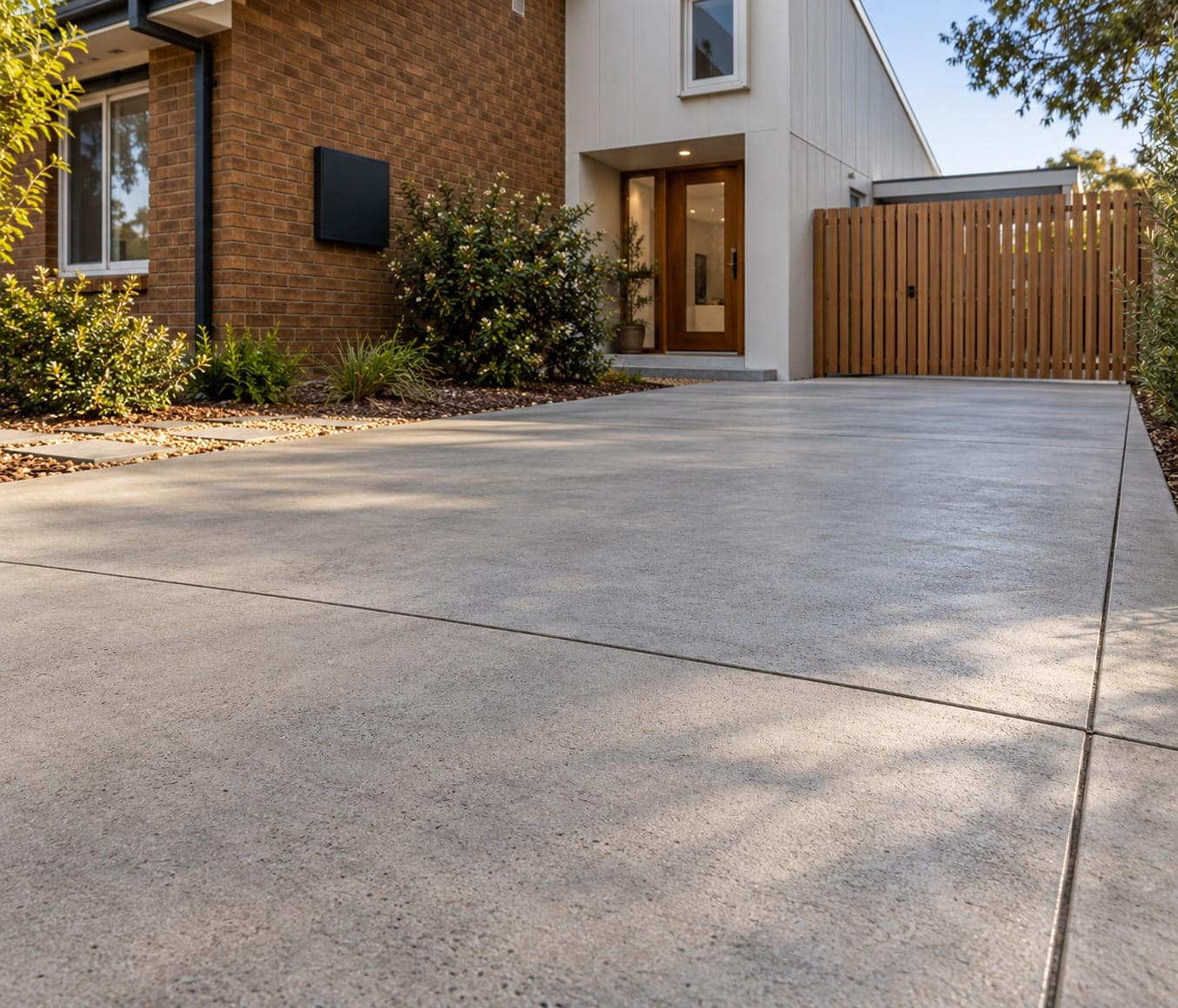 Plain grey concrete driveway past a brick home and timber gate in Canberra