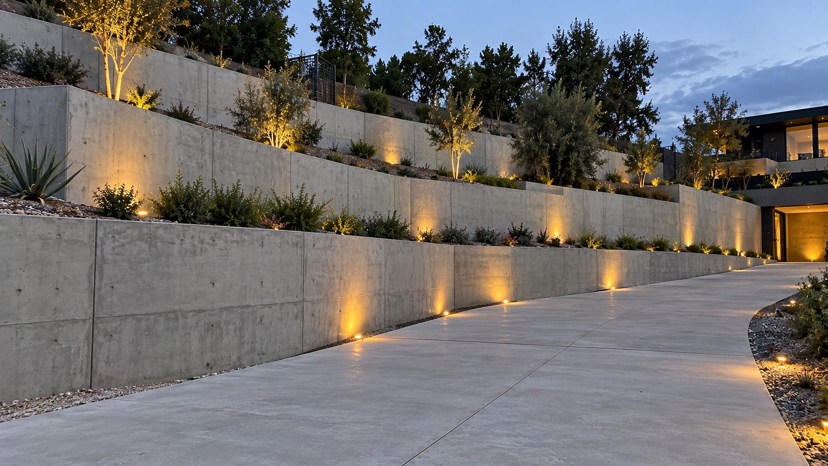 Tiered off-form concrete retaining walls with garden lighting beside a curved concrete driveway on a sloping Canberra block