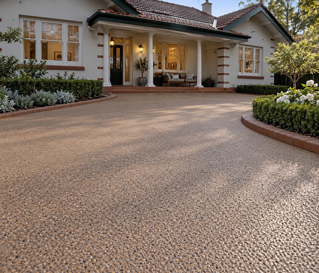 Curved spray-on concrete driveway in a warm pebble finish at a Canberra bungalow