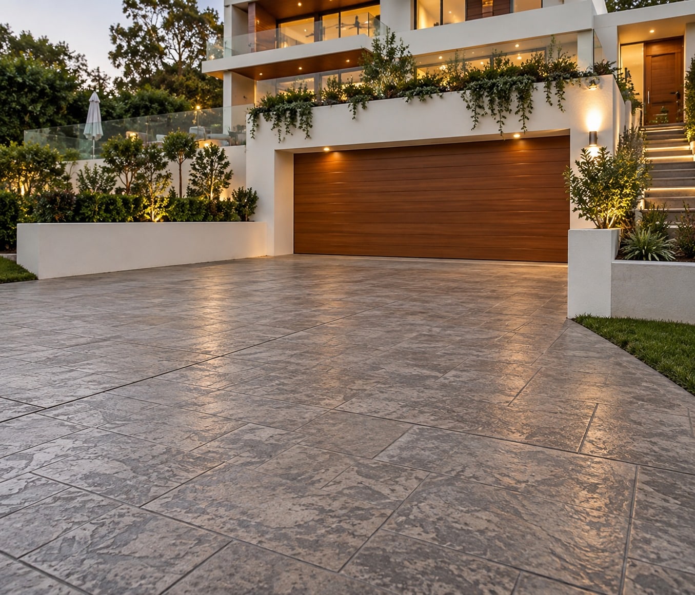 Stencilled flagstone-pattern concrete driveway leading to a timber garage door beneath a lit, terraced Canberra home