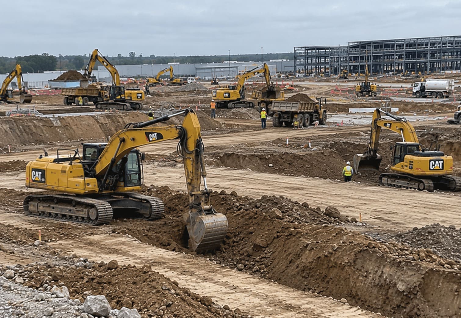 Excavators digging and loading spoil into dump trucks across a Canberra site with a steel building frame behind