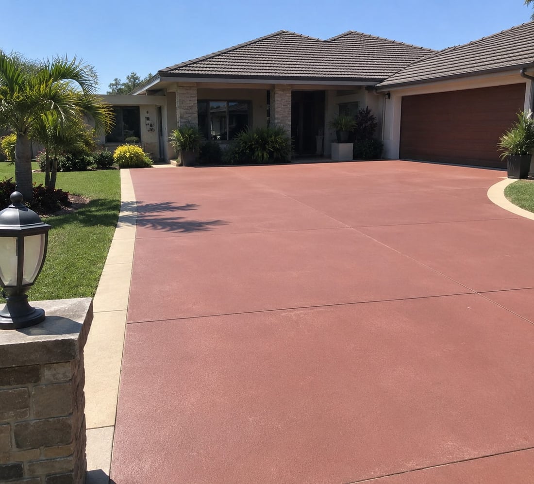 Terracotta coloured concrete driveway curving to a garage in Canberra