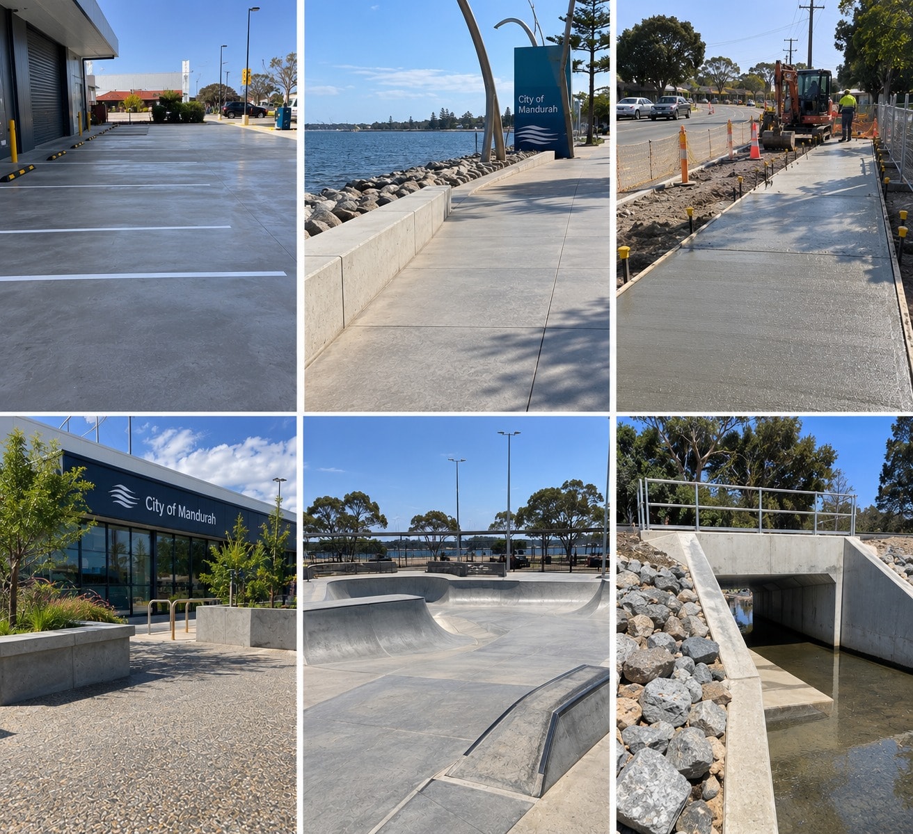 Six examples of commercial and civic concrete work around Canberra: a commercial carpark, a lakeside promenade, a footpath under construction behind traffic barriers, a civic building forecourt, a skate park bowl, and a box culvert
