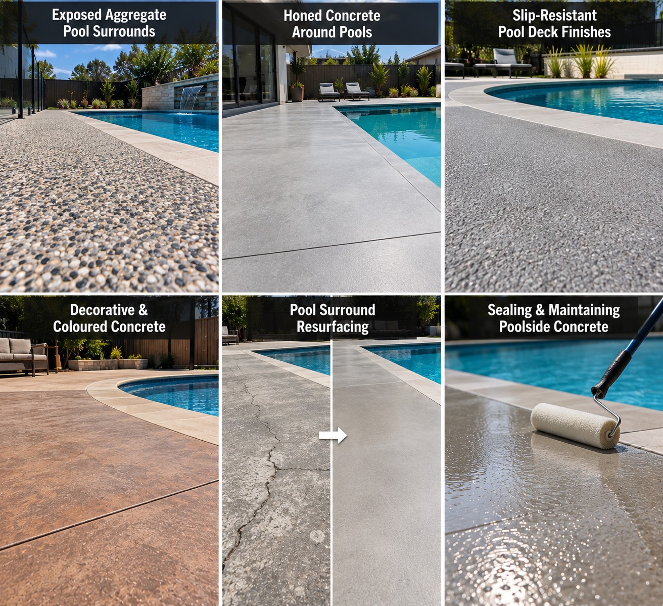 Six pool surround finishes side by side, each labelled: exposed aggregate pool surrounds, honed concrete around pools, slip-resistant pool deck finishes, decorative and coloured concrete, pool surround resurfacing shown before and after, and sealing and maintaining poolside concrete