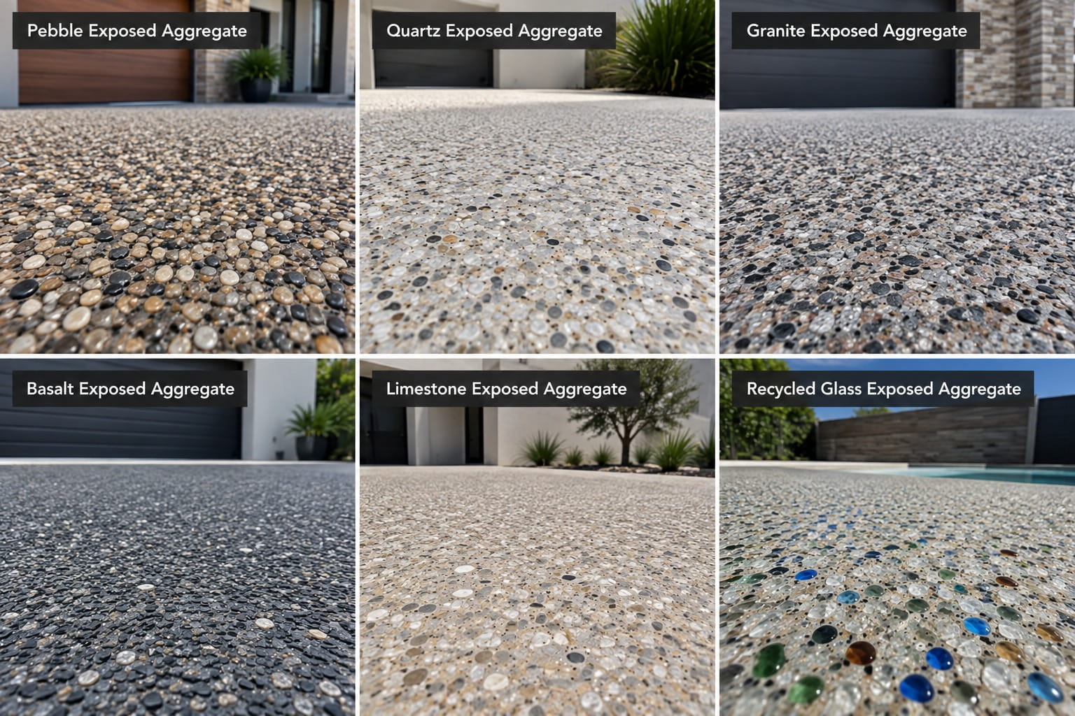 Six exposed aggregate finishes side by side — river pebble, granite, quartz, recycled glass, basalt and limestone — each labelled and shown as a driveway surface