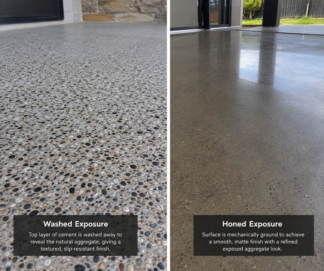 Washed exposed aggregate beside a honed finish, showing the difference in texture