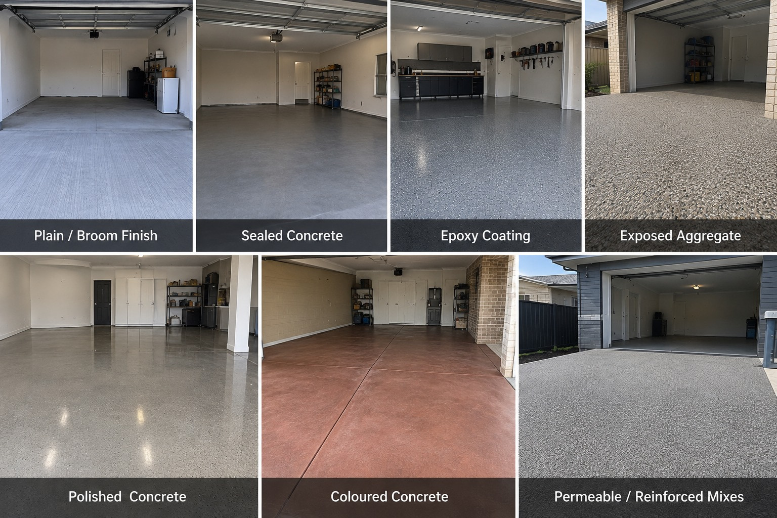 Seven garage floor finishes side by side, each labelled: plain or broom finish, sealed concrete, epoxy coating, exposed aggregate, polished concrete, coloured concrete, and permeable or reinforced mixes