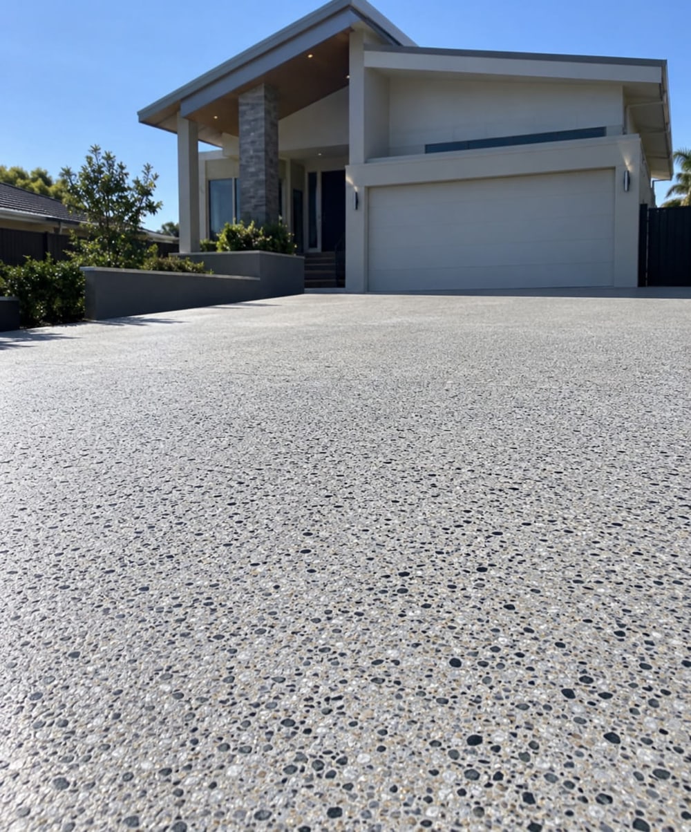 Honed concrete driveway with fine exposed stone at a Canberra home