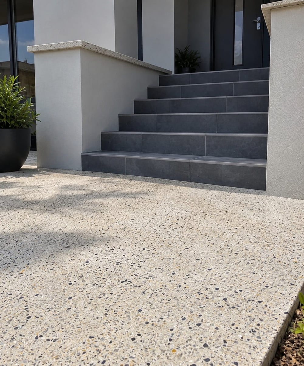 Honed concrete with oxide colour through the mix, showing stone against a tinted matrix