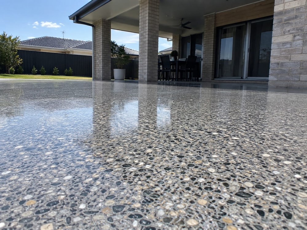Honed concrete surface stripped, cleaned and resealed to restore colour depth