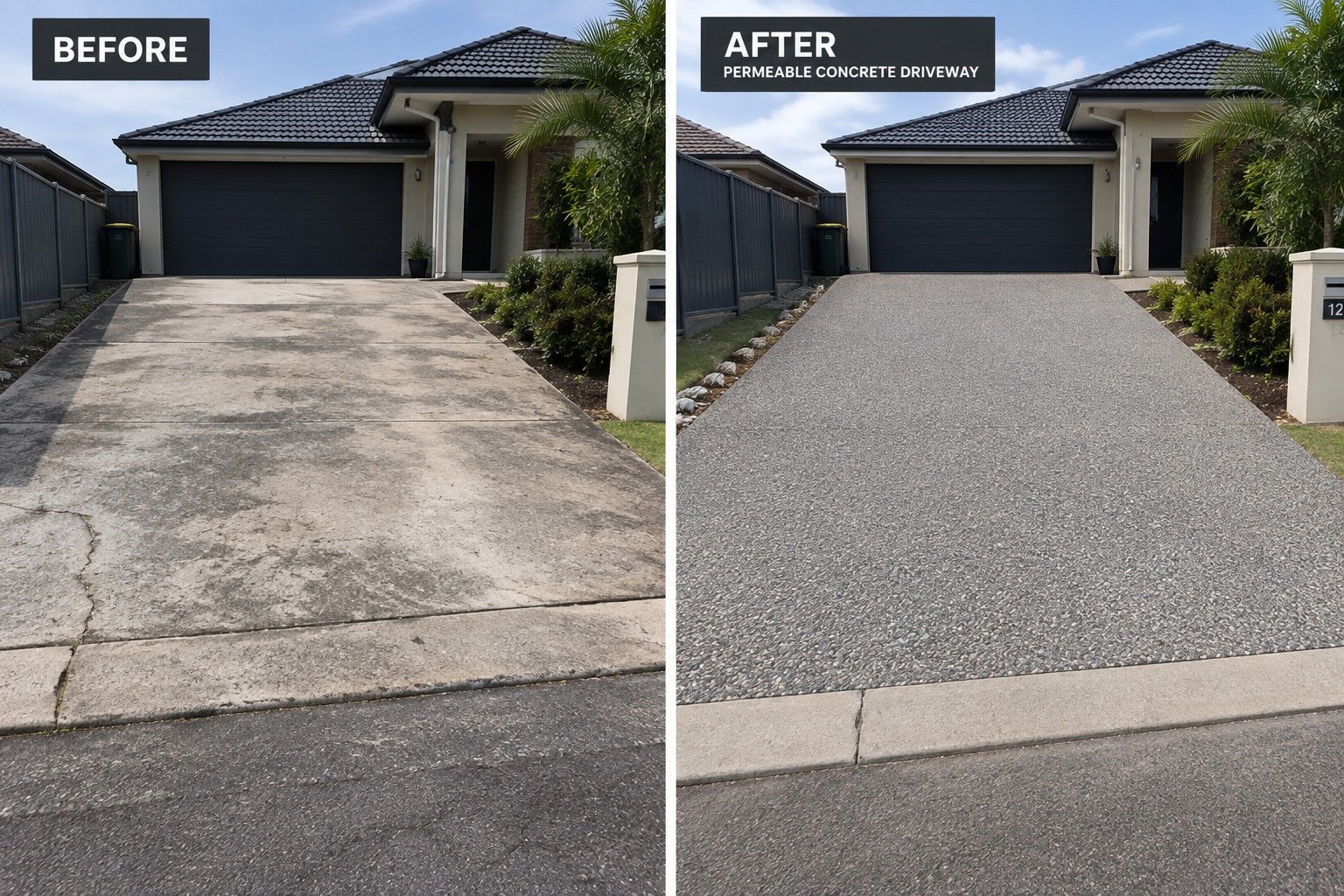 Before and after of a Canberra driveway replaced with permeable concrete, the stained and cracked original slab on the left and the open-graded permeable surface on the right