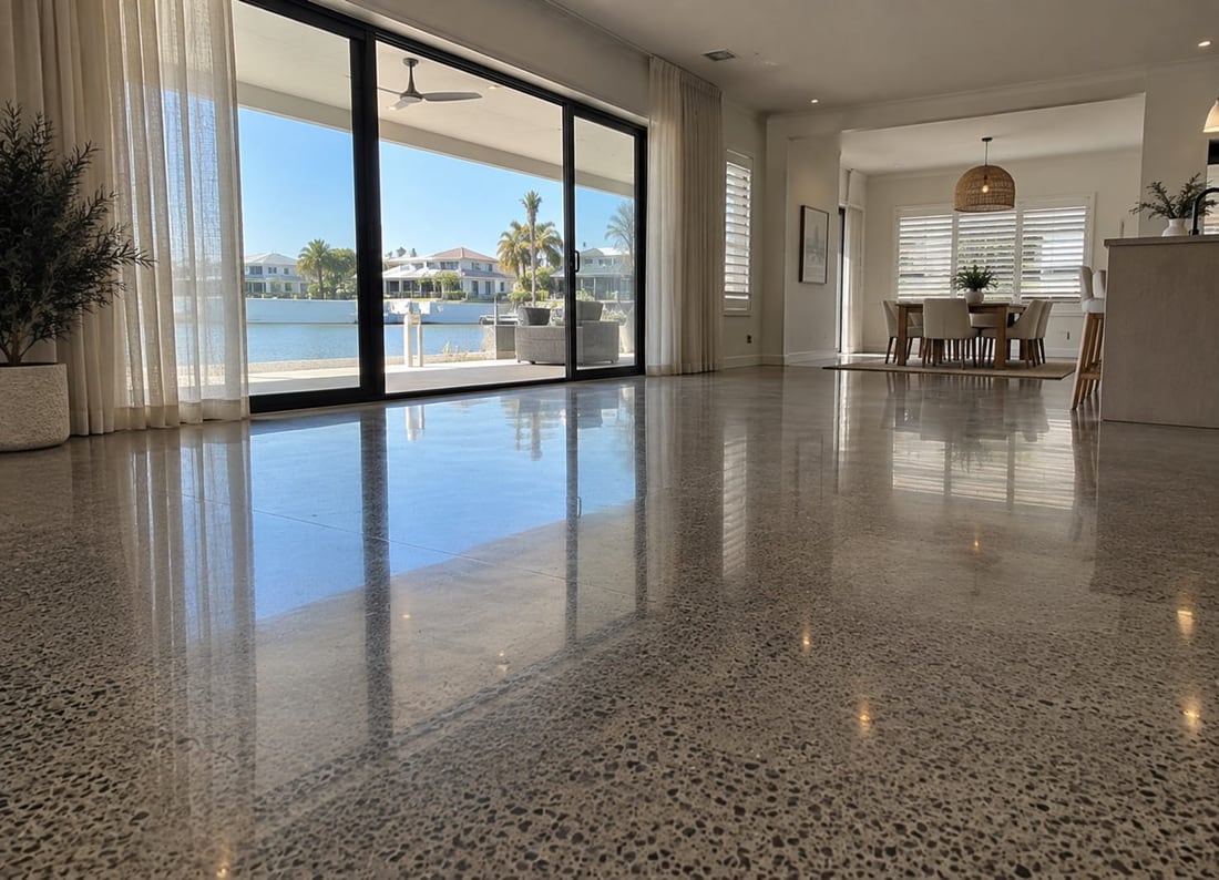 Polished concrete floor running out to an alfresco area