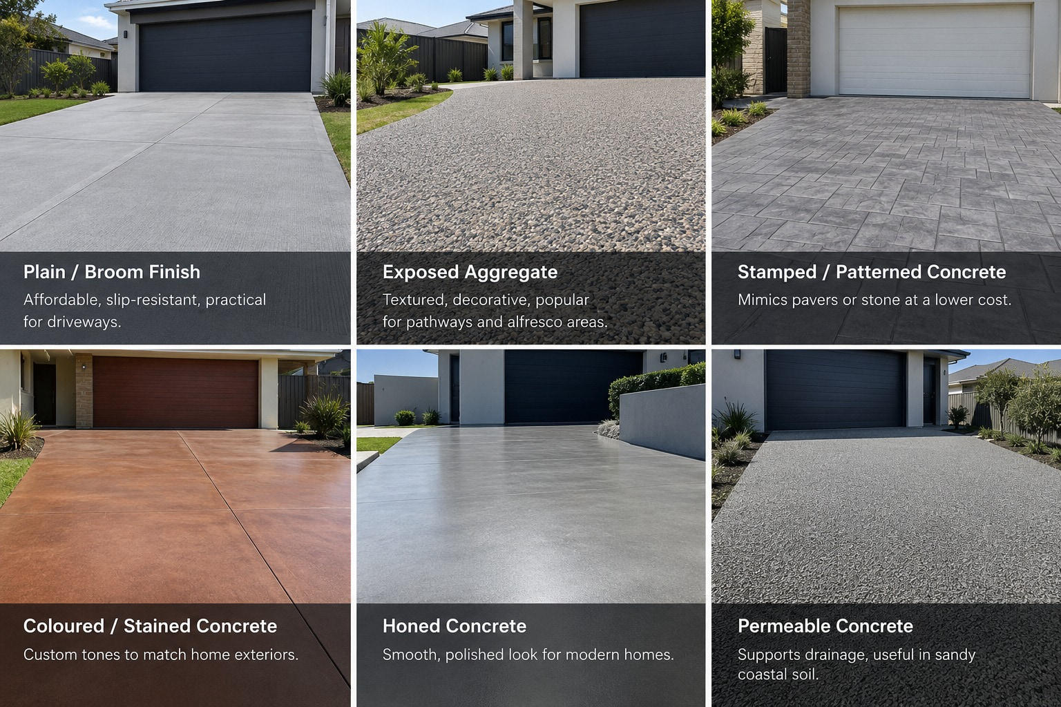 Six Canberra driveway finishes side by side, each labelled: plain or broom finish, exposed aggregate, stamped or patterned concrete, coloured or stained concrete, honed concrete, and permeable concrete