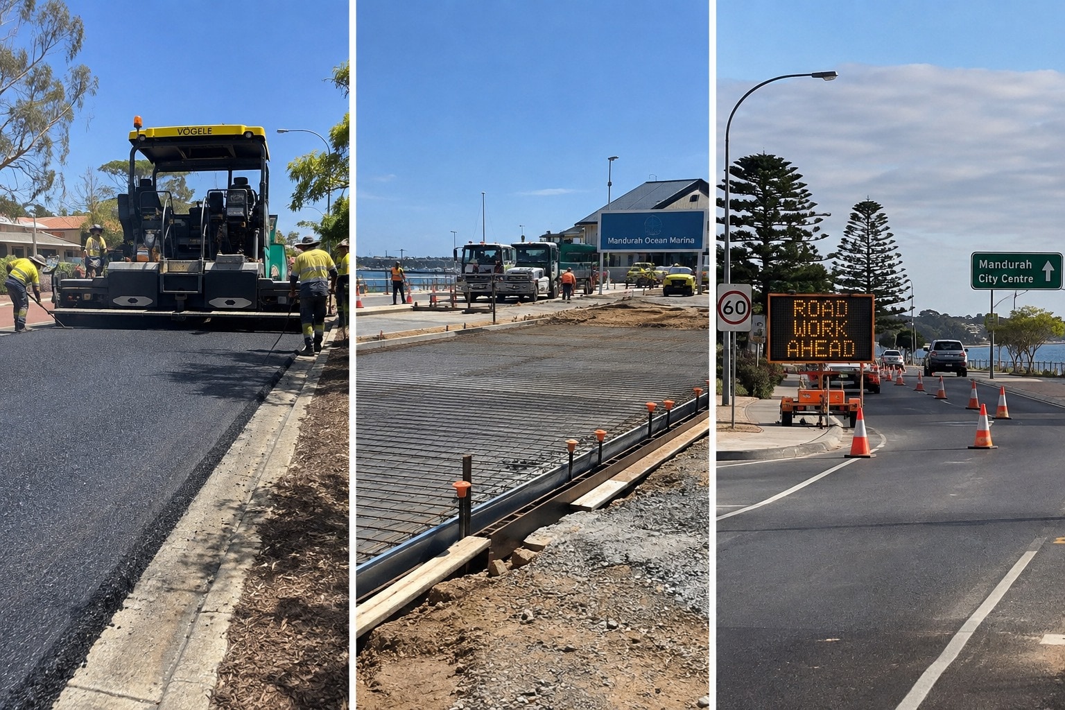 Three Canberra road works scenes: a paver laying a new road surface beside a kerb, reinforcement laid over a road base in a new Canberra subdivision, and traffic management with a road work ahead sign on the approach to the city centre