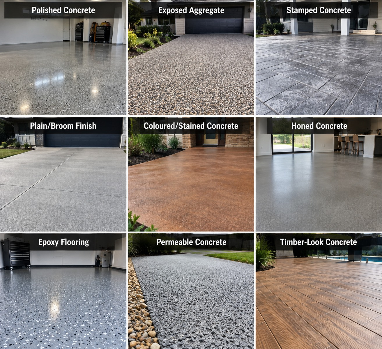 Nine concrete flooring finishes side by side, each labelled: polished concrete, exposed aggregate, stamped concrete, plain or broom finish, coloured or stained concrete, honed concrete, epoxy flooring, permeable concrete, and timber-look concrete