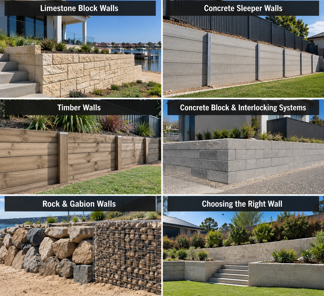 Six retaining wall types side by side, each labelled: stone block walls on a sloping property, concrete sleeper walls between steel posts, timber walls, concrete block and interlocking systems, rock and gabion walls, and a finished stone block wall with steps