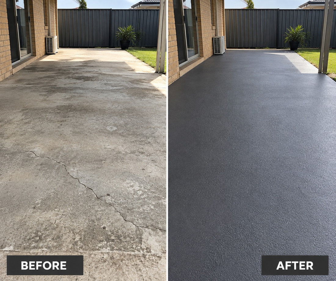 Before and after of a Canberra patio resurfaced with spray-on concrete, the cracked grey slab on the left and the finished charcoal surface on the right