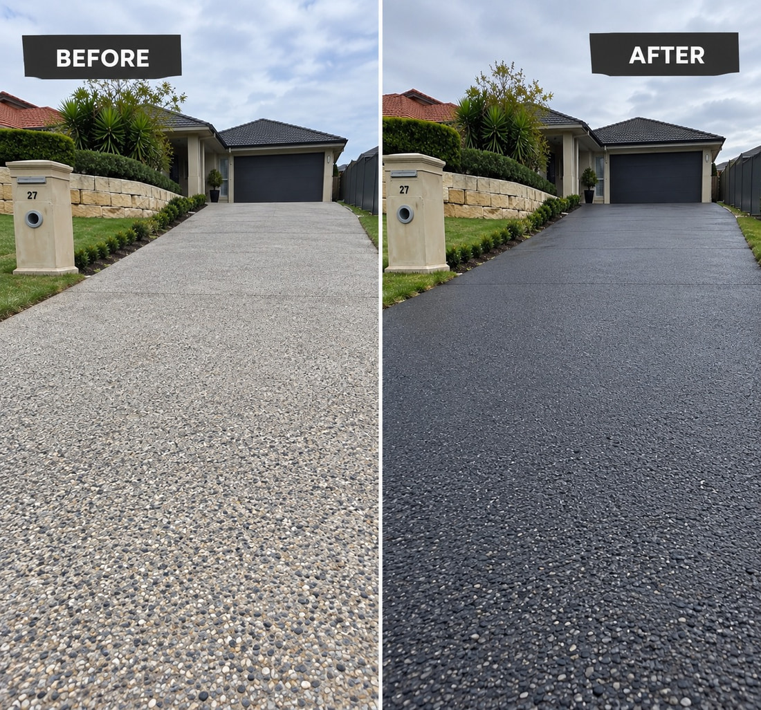 Before and after of a Canberra driveway resurfaced with spray-on paving, the worn pale surface on the left and the finished charcoal surface on the right