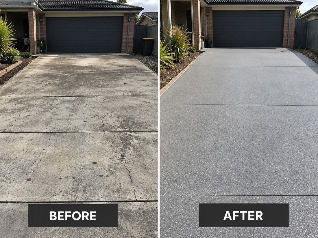 Before and after of an ageing Canberra driveway slab refurbished with spray-on concrete, the stained and cracked surface on the left and the resurfaced finish on the right